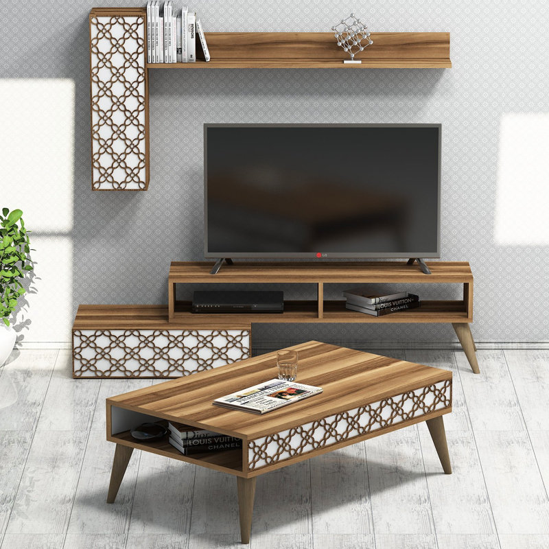 Ensemble de meubles de salon moderne, noyer et blanc, meuble télé 59,1 x 14,6 x 15,0 pouces, tablette murale 55,1 x 8,7 x 27,6 pouces, table basse 41,3 x 23,6 x 14,6 pouces | Panneau de particules enduit 100% mélamine, design élégant et fonctionnel
