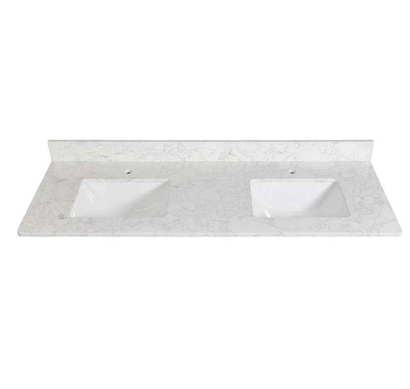  61" X 22" Rectangular Quartz Double Bathroom Vanity Top in White with Ceramic Undermount Basin with 4" Backsplash
