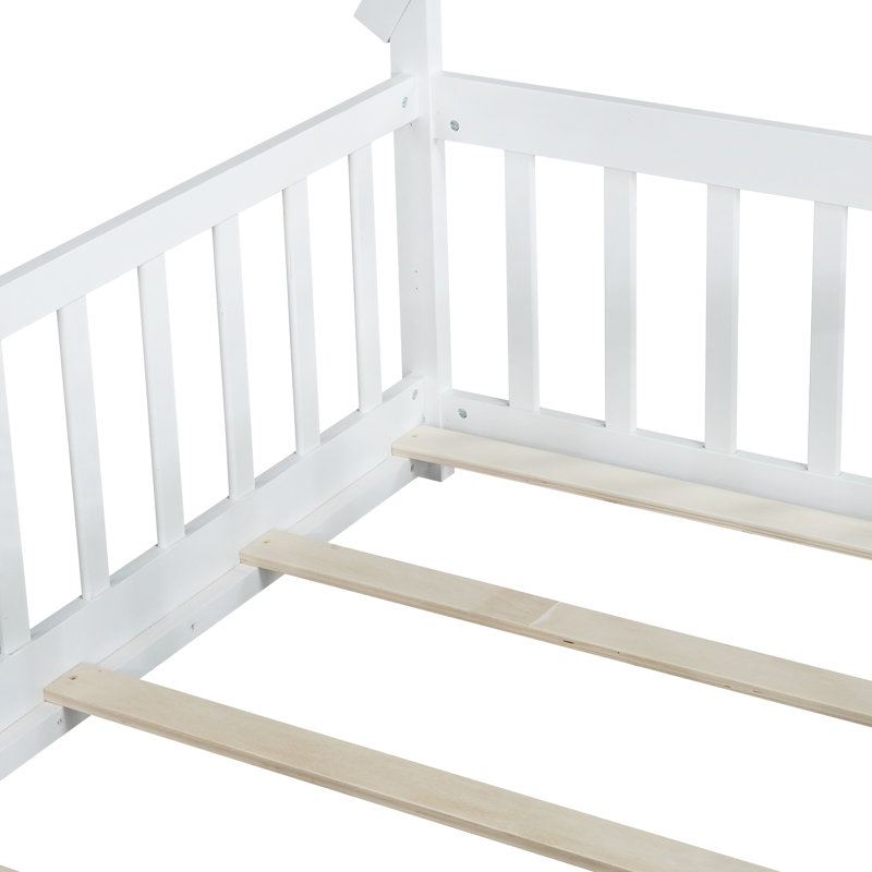 Tent-Shaped Floor Bed,Teepee Bed With Guardrails,Slats, White