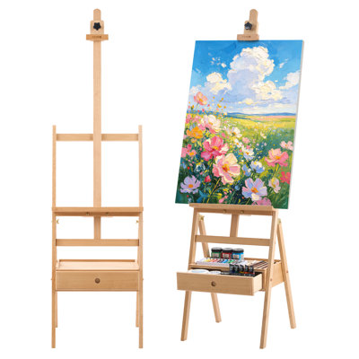 Studio H-Frame Easel Holds Canvas Up to 35.83" Solid Beech Wood Frame, For Artists Painting, Sit or Stand Adjustable Height, Multi-Function Wooden Art Easel with Storage Drawer, Natural Color