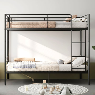 Lit superposé avec échelle et garde-corps haut, barres transversales de 19 lits, capable de se séparer, lit superposé en métal, espace de rangement, silencieux, lit simple au-dessus d'un lit simple, noir