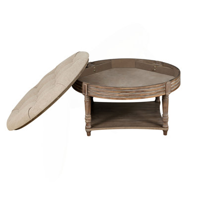 Large Round Waterproof Ottoman Coffee Table 2 Tier Oversized Button Tufted Ottoman with Wooden Shelf Storage Farmhouse Upholstered Coffee Table Living Room Footstool Ottoman Linen