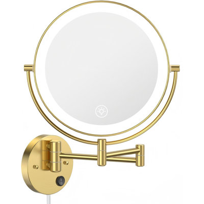 9" Large Wall Mounted Lighted Makeup Mirror, 1X/10X Magnifying 2-Sided AC Plug-In Powered Bathroom Mirror With 3 Color Lights, Touch Dimmable, Extended Arm 360° Rotation, 【Gold】