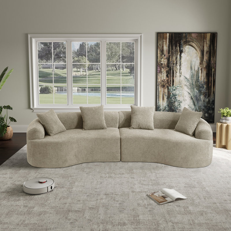 Chenille Boneless Curved Sofa, Left-right Symmetrical Design, Luxurious 4-seater Living Room Sofa, Beige
