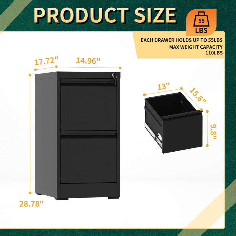 2 Drawers Metal Vertical File Cabinets with Lock-Durable for Home & Office., Black