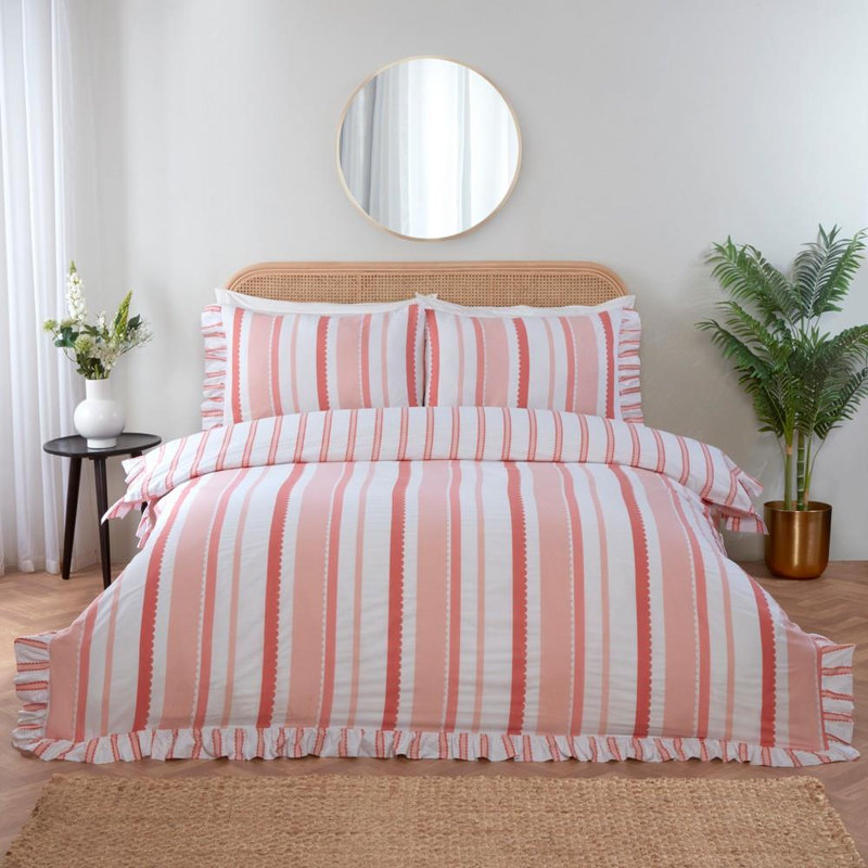 Cotton Blend Striped Duvet Cover Set, Pink, King