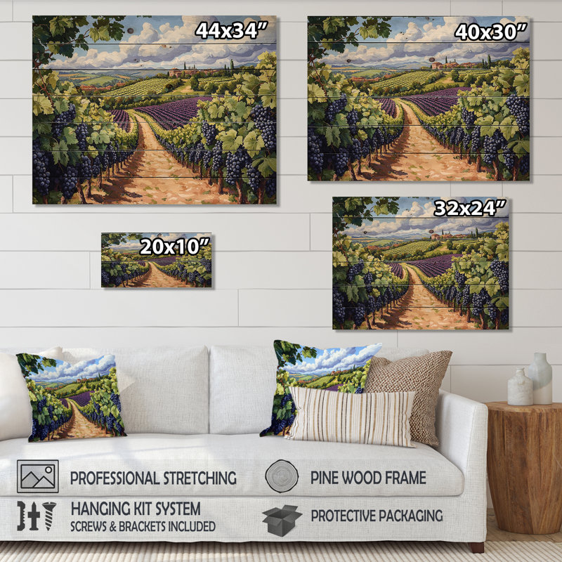 Vineyard In California Summer I - Vineyard Wood Wall Decor - On Natural Pine Wood, 10" H x 20" W x 0.78" D