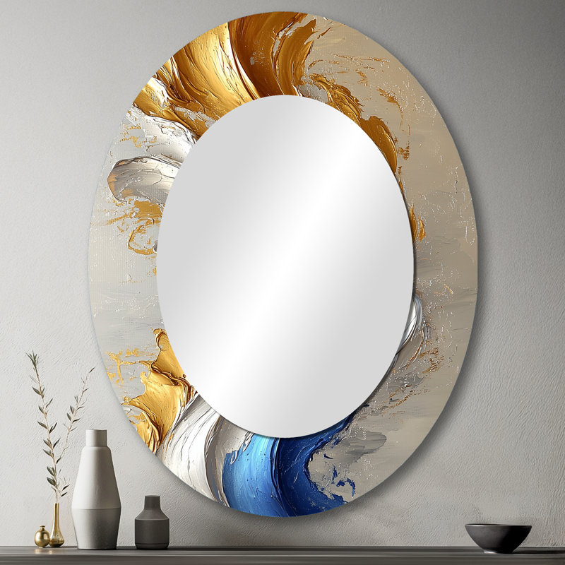 Rhythmic Golden Ink Waves Fusion III - Miroir mural moderne ovale, 43 po x 33 po