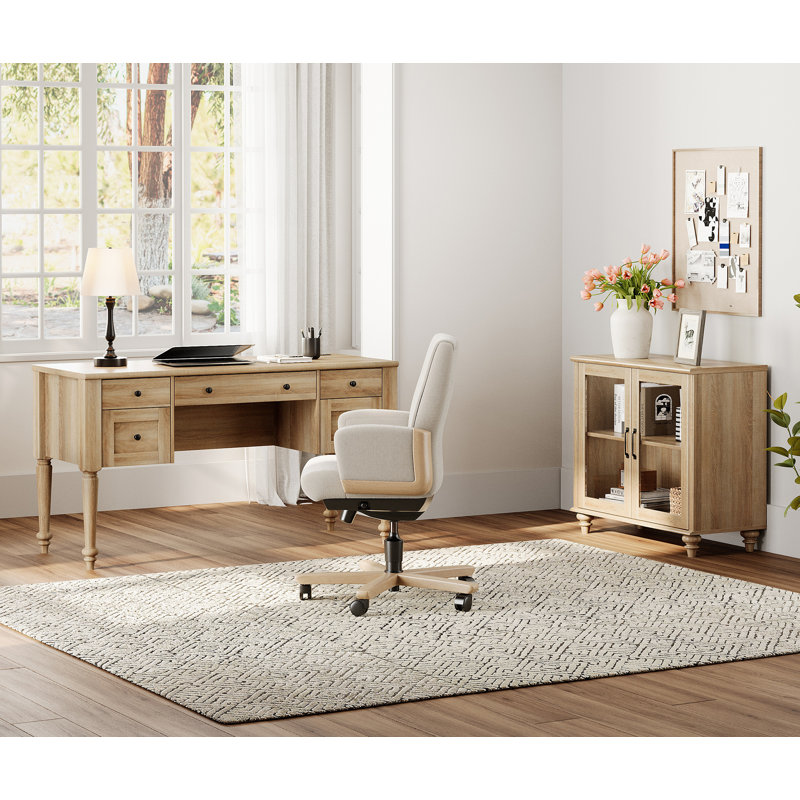 Ensemble de bureau 2 pièces, bureau de direction 56 po et armoire avec porte vitrée, chêne, 2 Pieces: Desk, Cabinet