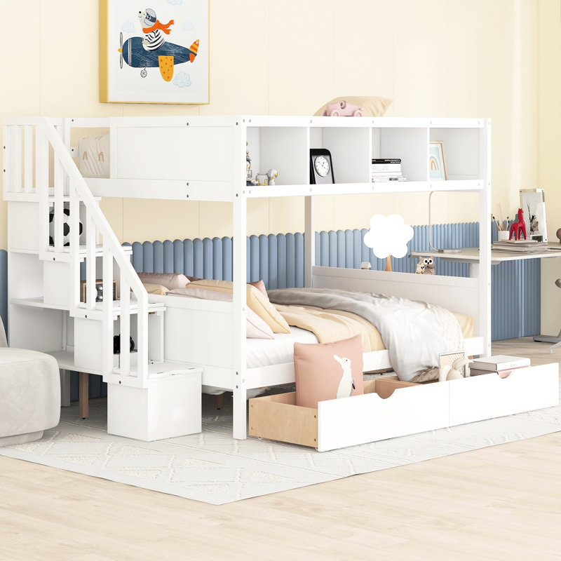 Lit superposé simple au-dessus de double avec tablette pour rangement et rangement, 2 tiroirs, escalier de rangement blanc