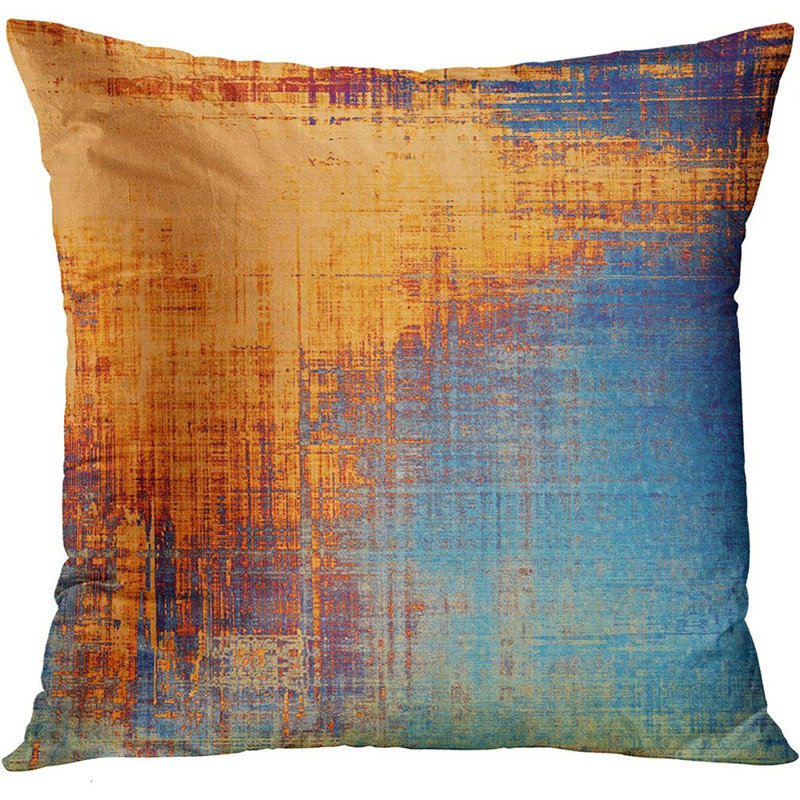 Ensemble de 4 housses de coussin rétro abstrait , Orange / vichy bleu