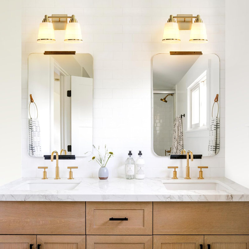Modern Gold Vanity Light Fixture With Milky White Glass Shade, 2-Light Wall Sconce For Bathroom Mirror Lighting, E26 Base Not Included