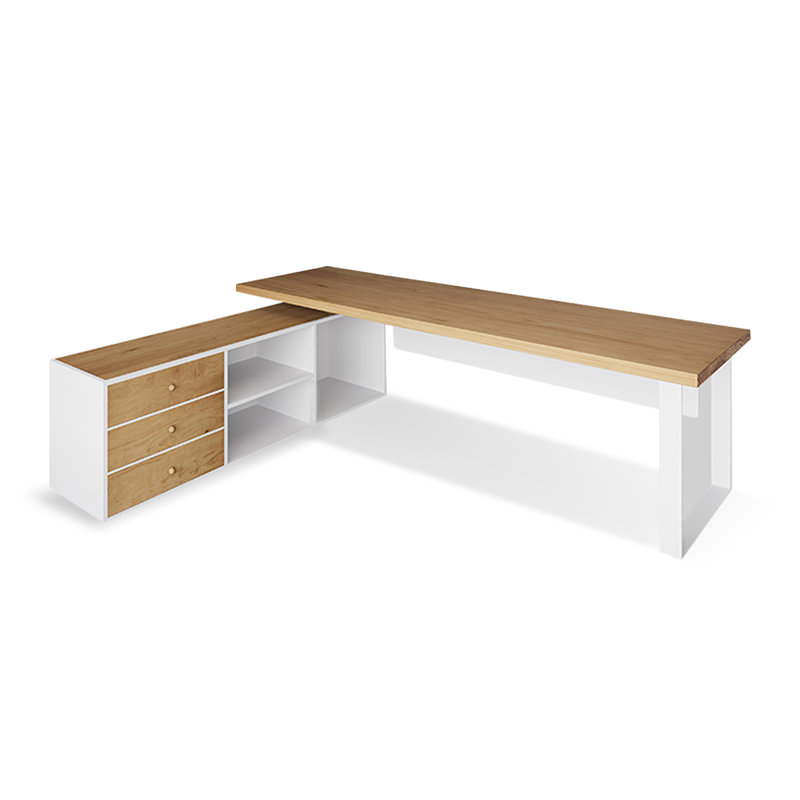 Bureau double caisson en L en bois massif avec bureau à 3 tiroirs Burlywood, H 29,53 po x l 86,61 po x P 59,06 po