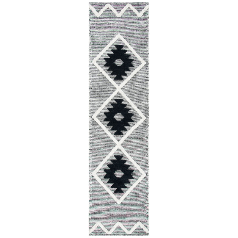 Tapis en laine / coton tissé à la main Vermont en gris / noir / ivoire, Tapis de couloir 2 pi 3 po x 9 pi