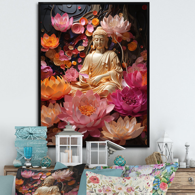 Reproduction d'art sur toile encadrée, "Bouddha rose doré", L 16 po x H 32 po, Cadre flottant noir
