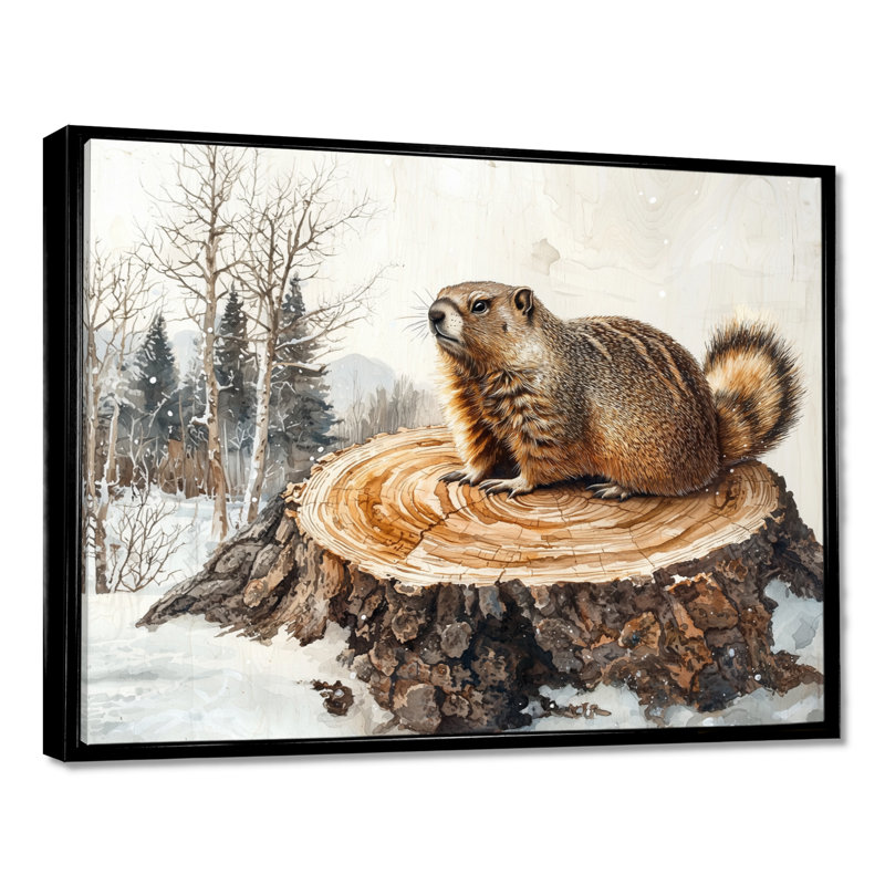 «Forest Marmot Animal In Winter Landscape II - Groundhog», reproduction d'art sur toile, H 12 po x l 20 po, Cadre flottant
