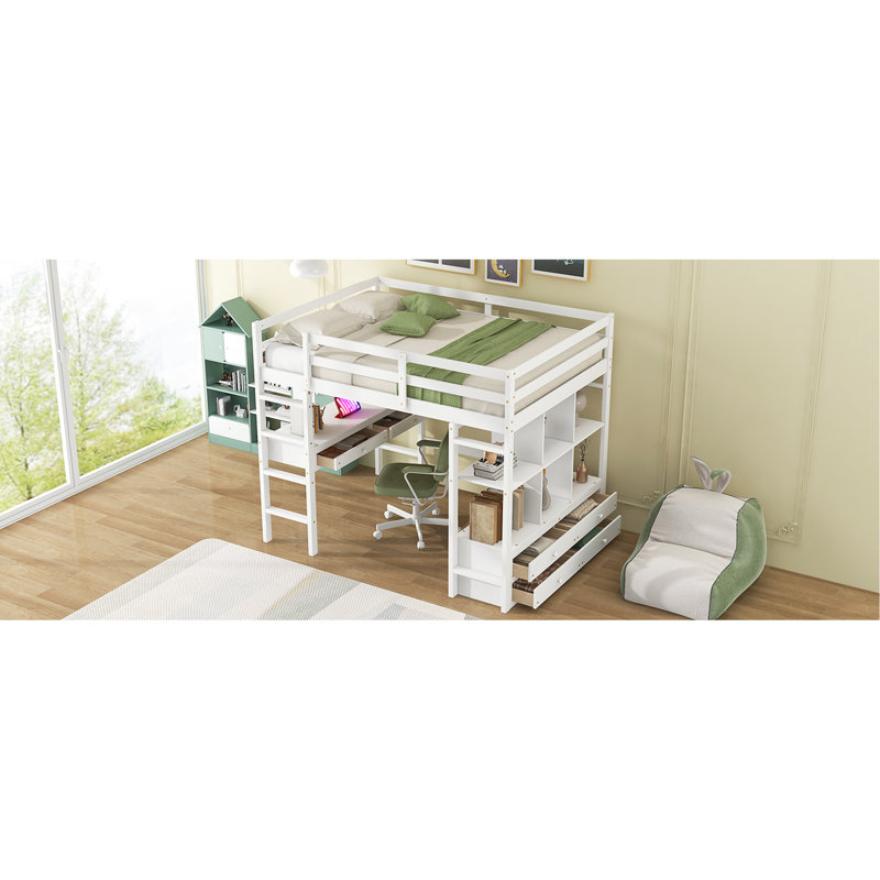 Lit mezzanine double en blanc, bureau intégré, deux tiroirs, rangement, fonctionnel pour le sommeil, le bureau et la chambre à coucher