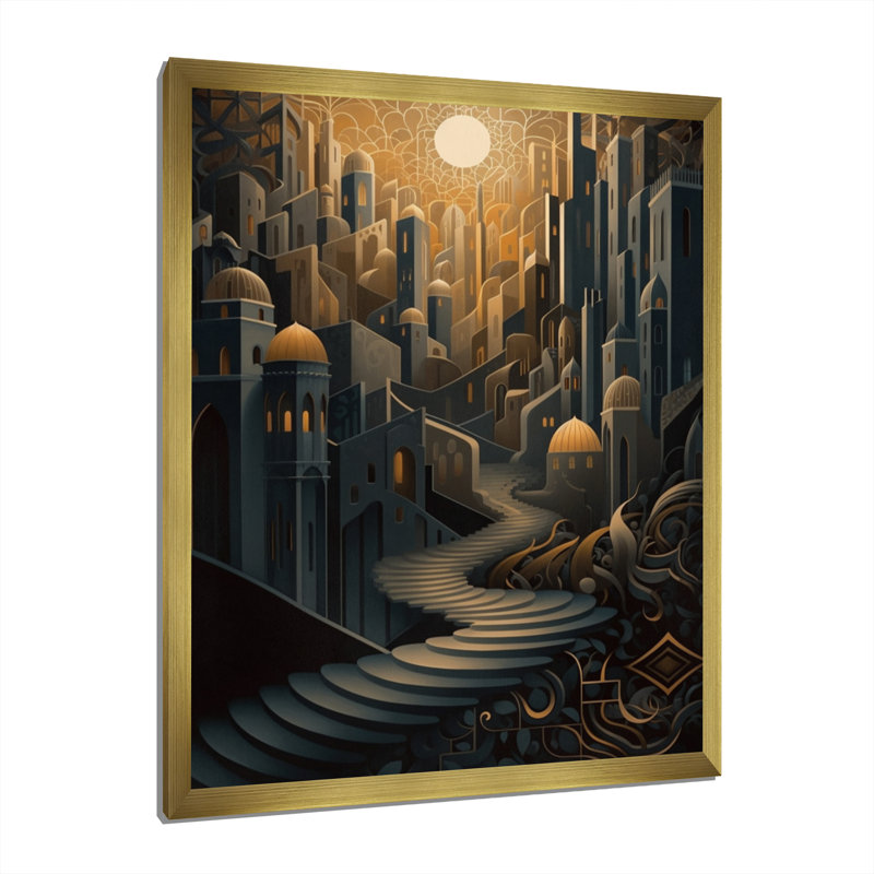 «Arab City IV» - surréalisme, art mural paysage, L 16 po x H 32 po, Encadrement doré