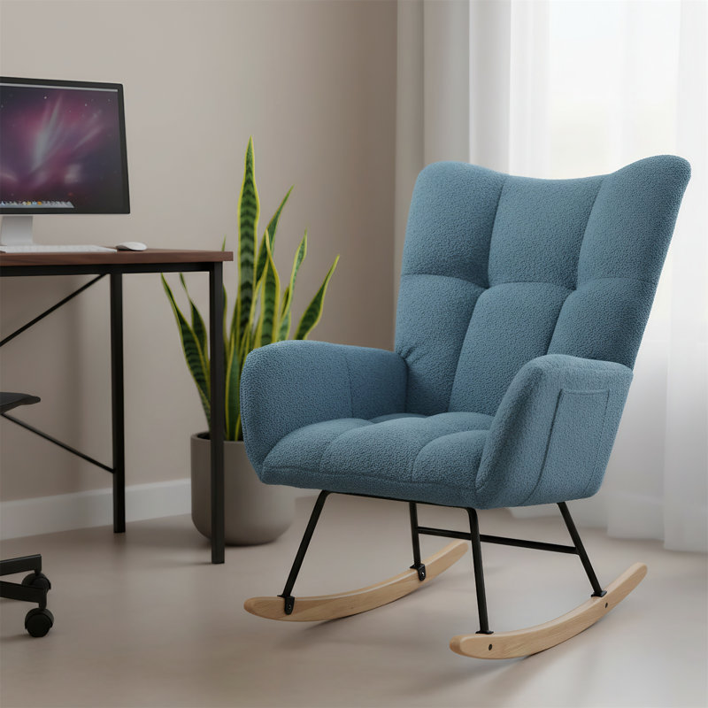 Chaise berçante en tissu doux et moelleux avec dossier à oreilles confortable et base en bois massif sécuritaire, Bleu
