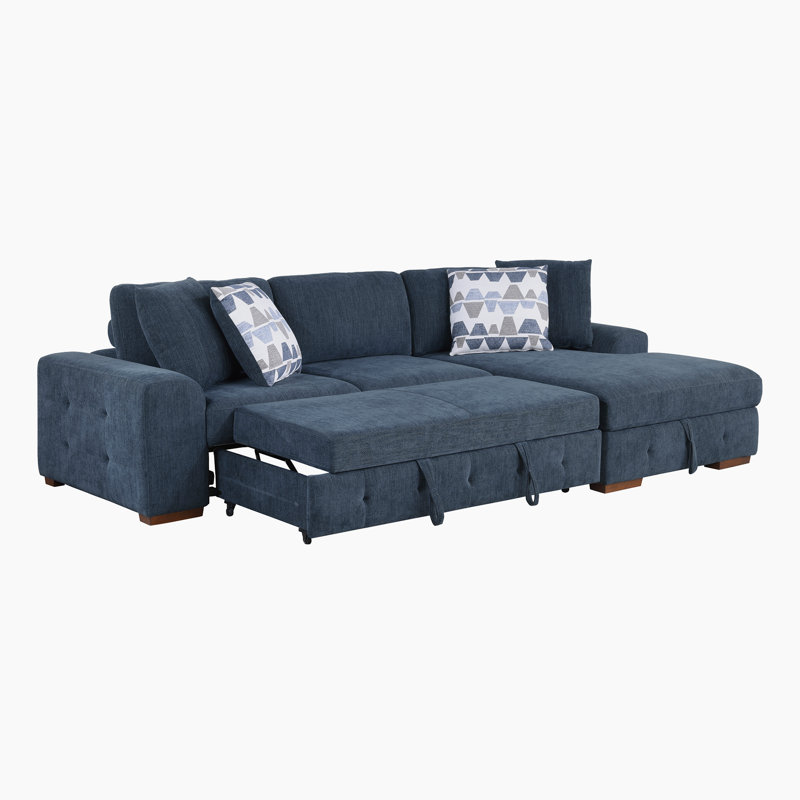Odesser 115" W 2-Piece Chenille Sleeper Sectional, Blue Chenille, Right Hand Facing