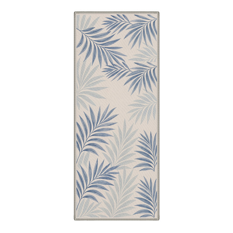 Tapis de couloir floral ivoire / bleu lavable à la machine avec envers antidérapant, Runner 2' x 6'