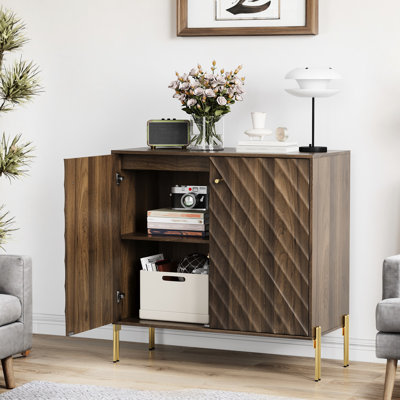 Modern Walnut Sideboard With Adjustable Shelves For Kitchen And Foyer - Diagonal Wave Design, Ample Storage Clothes, Metal Legs Dining Room Entryway L