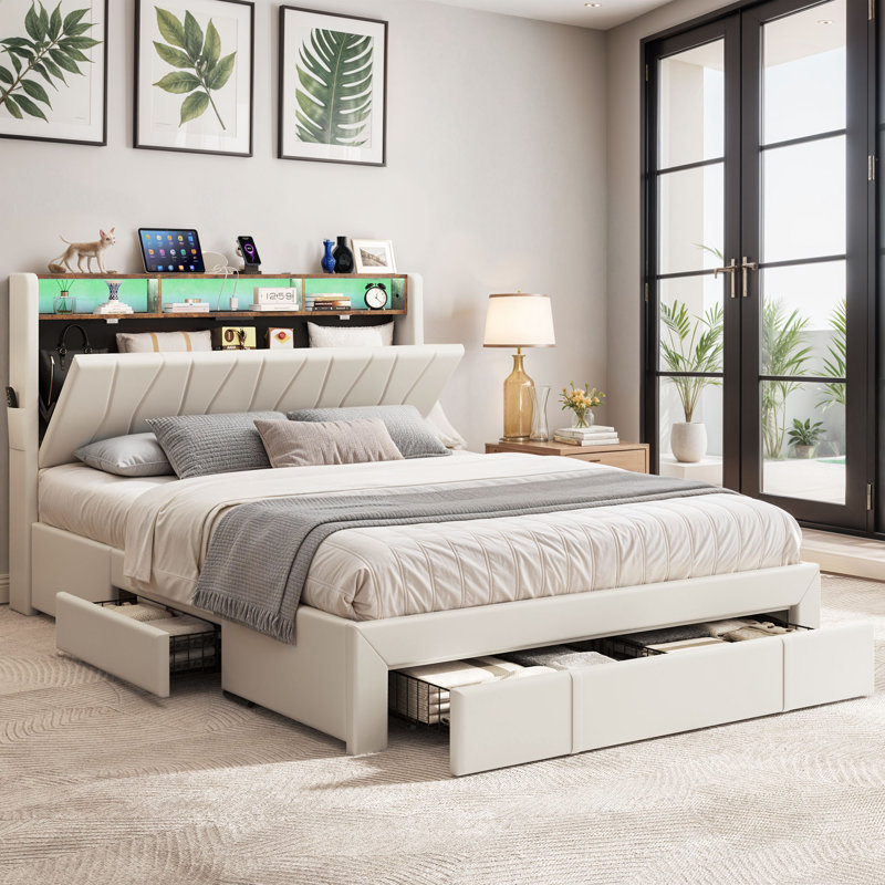 Upholstered Bookcase Storage Bed, King, White