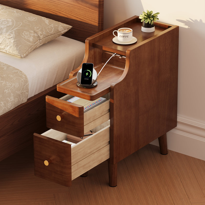 Table de chevet étroite avec tiroirs, table d'appoint en bois massif de 7,9 po pour petits espaces, petite table de chevet pour chambre à coucher avec plateau coulissant, noyer