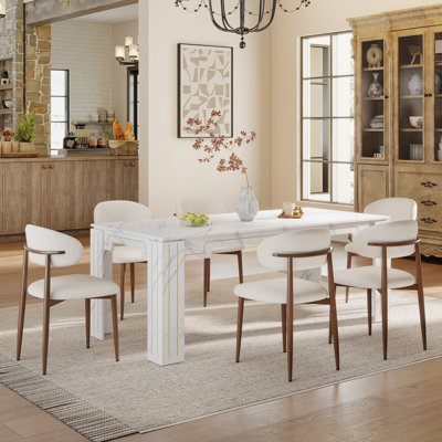 Wooden Rectangle Dining Table Set for 6-8, Rustic Kitchen Table and Chairs with Linen Upholstered Chair for Dining Room