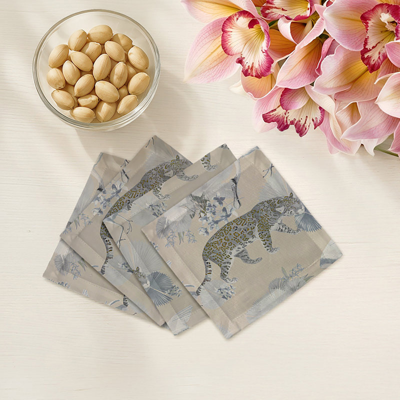 Leopard Walk Hemstitch Cocktail 6" Linen/Cotton Napkin, Cream
