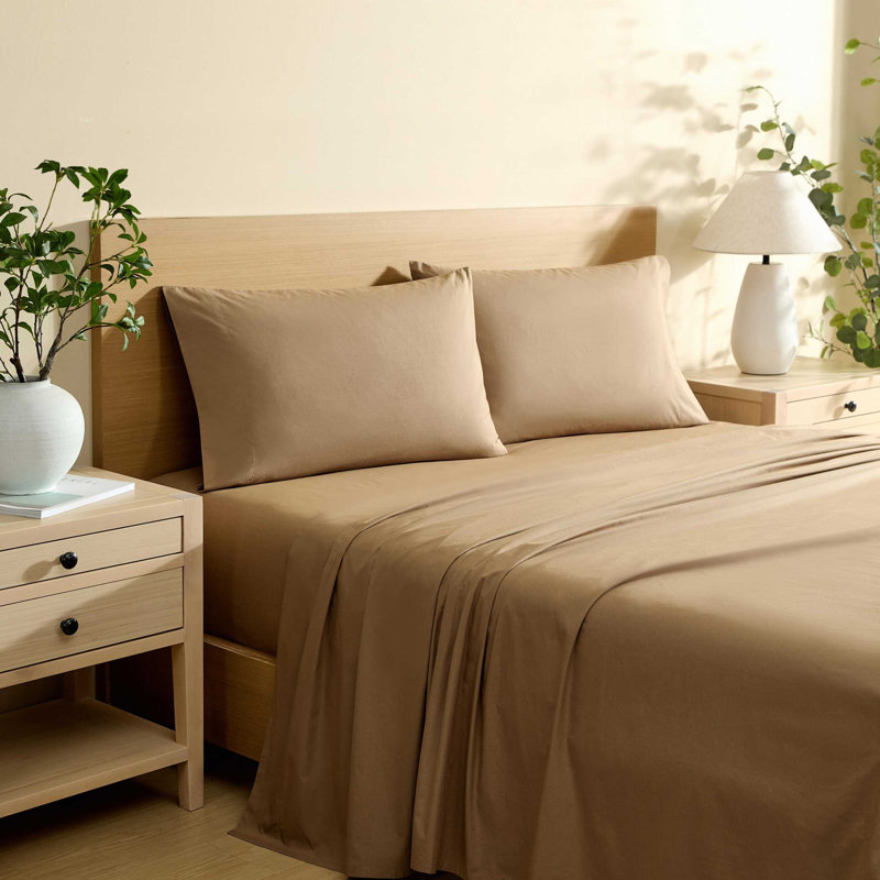 Ensemble de draps respirants Nautica en percale de coton imprimée à poches profondes, Brun uni