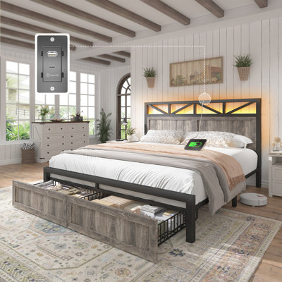 Queen Bed Frame With Headboard, Led Bed Frame With Charging Station, Storage Bed With 2 Wooden Drawers