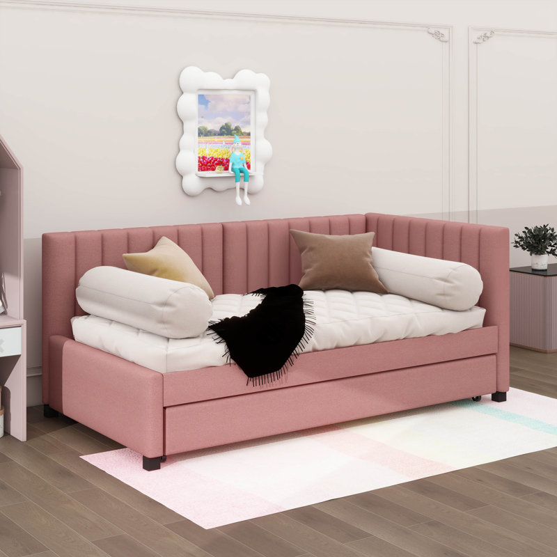 Upholstered Daybed with Trundle Sofa Bed Frame, Pink, Twin