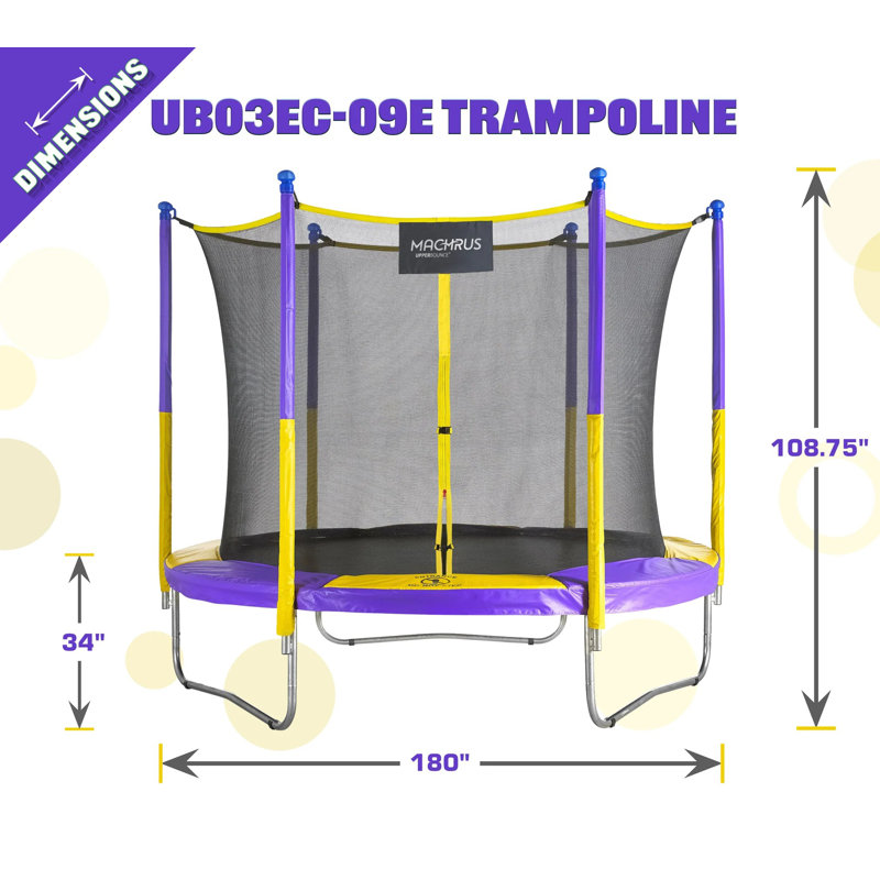Ensemble de trampoline d'extérieur rond 9 pi avec système d'enclos de sécurité Machrus Upper Bounce, Purple/Yellow 