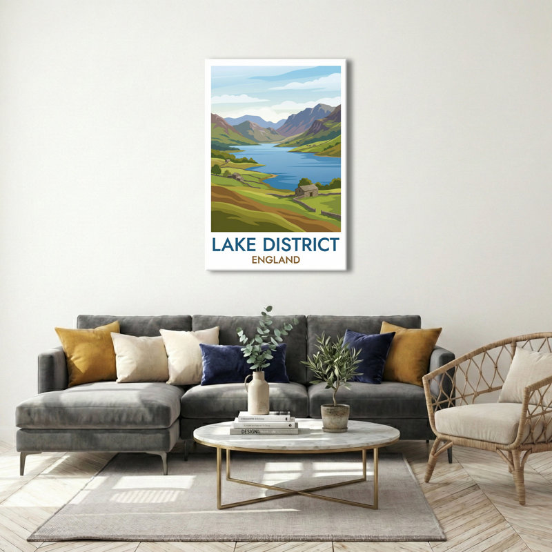 Lake District, England - Romantic Travel Poster of Lakes, Fells and Countryside. Giclée Print on Wrapped Canvas. Wall Art, Home Decor - Regions & Scenic Areas, England 1 Piece Wrapped Canvas Wall Art