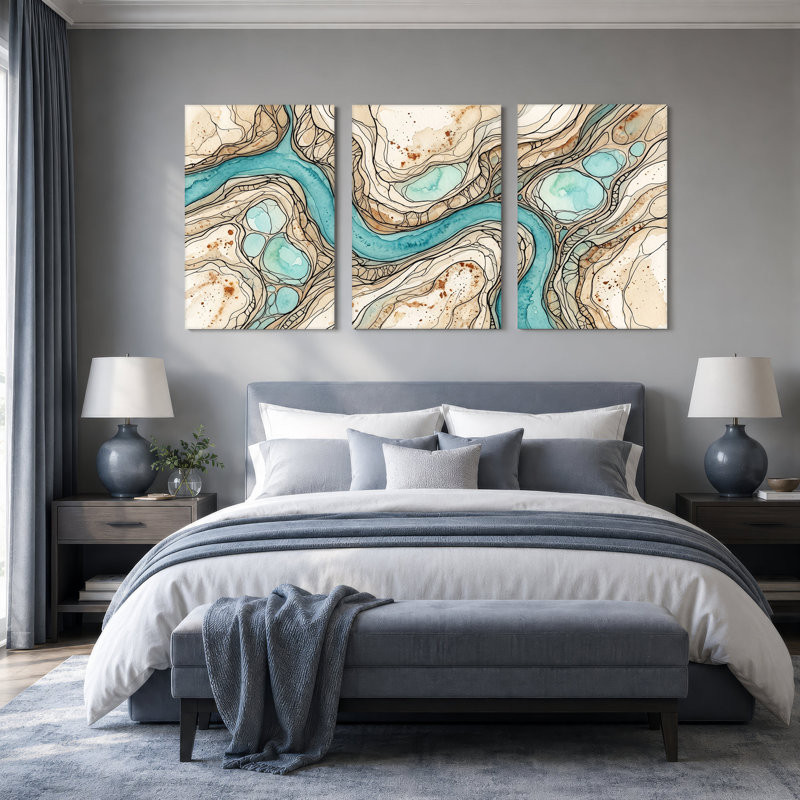 "Turquoise River" qui coule à travers beige et brun, ensemble de 3 toiles, 30"H x 20"W x 3pcs