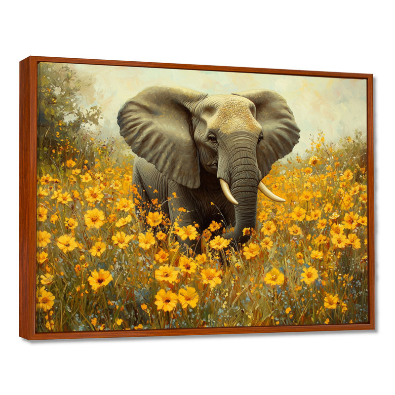 Éléphant de Gulbranson dans les prairies fleuries - éléphant, art mural grand, H 12 po x l 20 po, Floater Framed, Brun