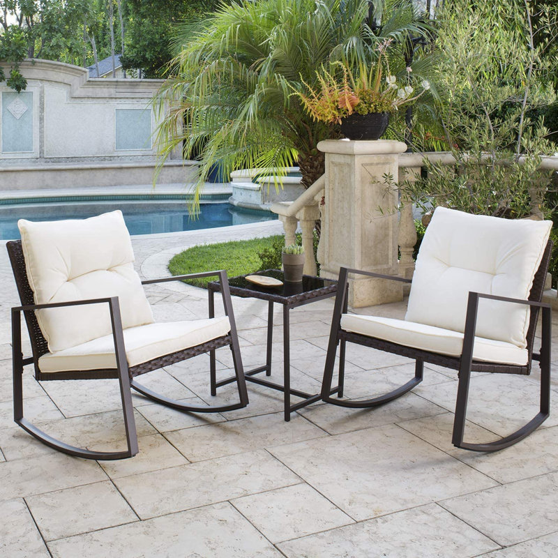 2 - Person Outdoor Dining Set, 3-Piece Outdoor Rattan Rocking Bistro Set with Cushions and Glass Coffee Table, Brown, Beige