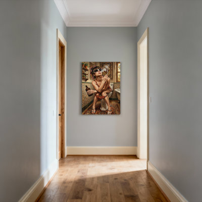 Woman Smoking Cigarette And Holding Bottle In Bathroom Canvas Wrapped Wall Art Oil Painting Print Set Of 1