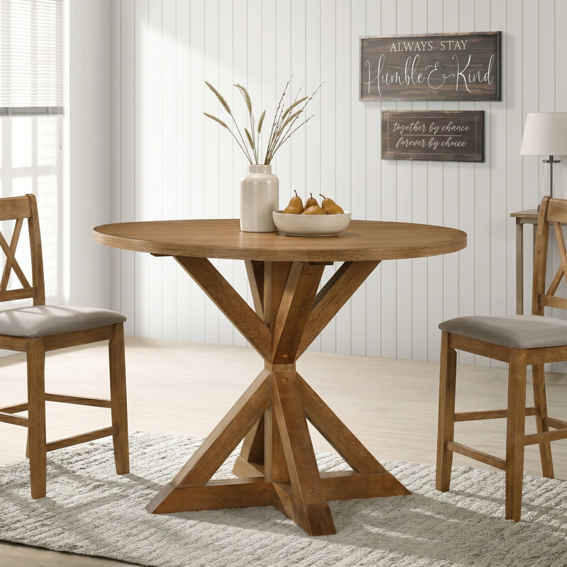 Ebbert Round Solid Wood Base Dining Table, Counter Height Table, Cottage Oak