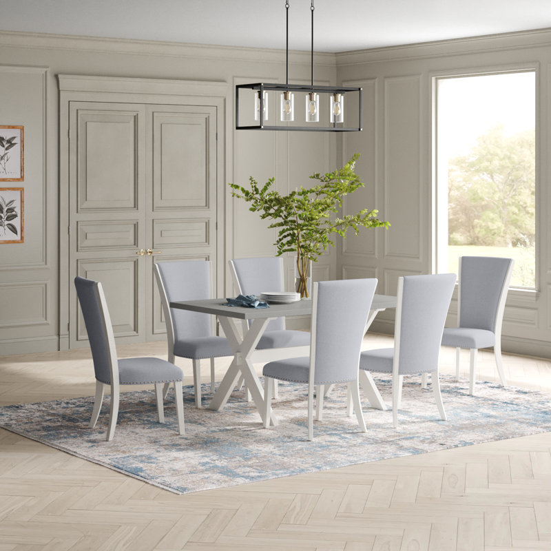 Ensemble de table et chaises de cuisine 7 pièces comprenant une table de salle à manger rectangulaire avec pieds en X et 6 chaises rembourrées en tissu de lin gris, lin brossé blanc