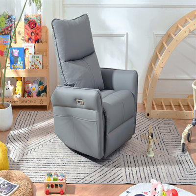 Fauteuil inclinable électrique à bascule pivotant pour adultes, fauteuil inclinable à bascule pivotant à 270 °, petits fauteuils inclinables électriques pour les petits espaces, fauteuil inclinable simple pour le salon, la chambre à coucher, téléviseur (bleu-gris et pivotant à 270 °)