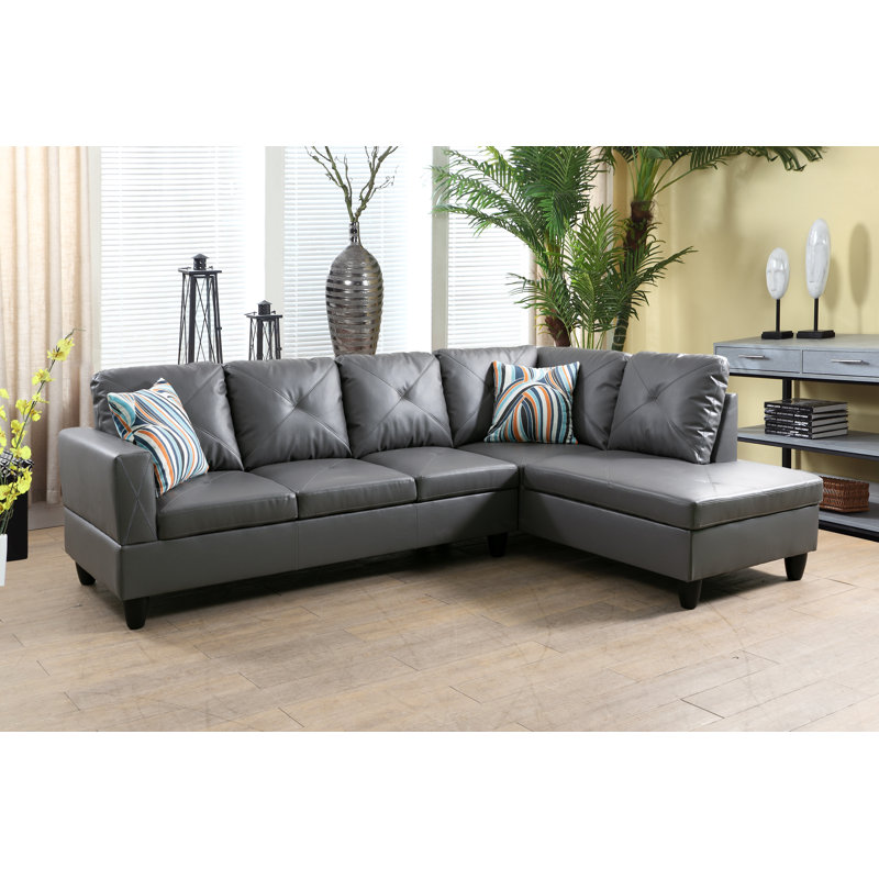 Elaynah Faux Leather L-Shaped Sectional, Right Hand Facing, Gray Faux Leather