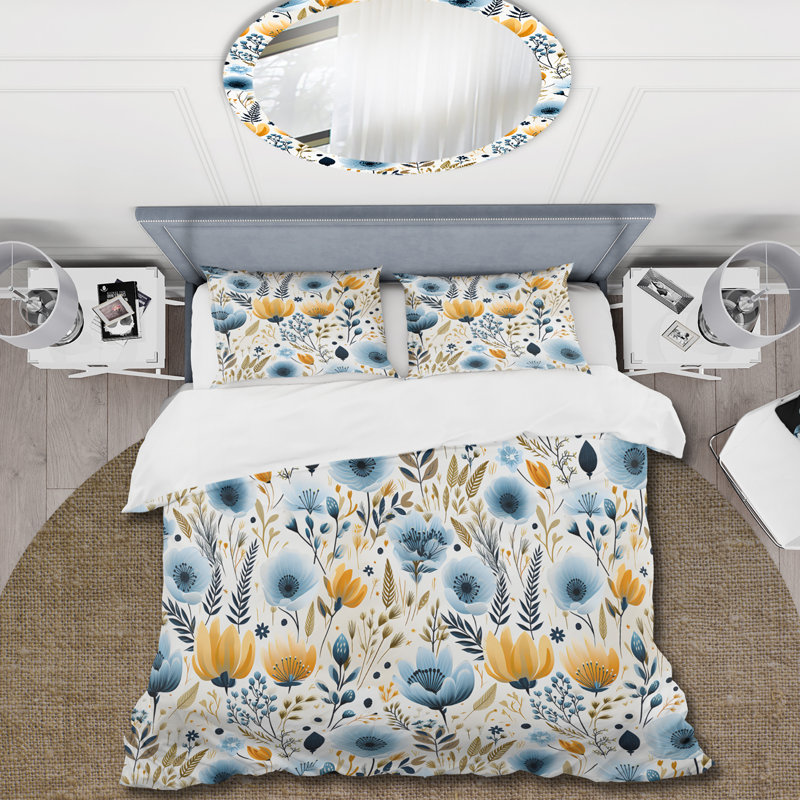 Ensemble de housse de couette Blue Boho Chic Floral, Housse de couette pour très grand lit et 2 très