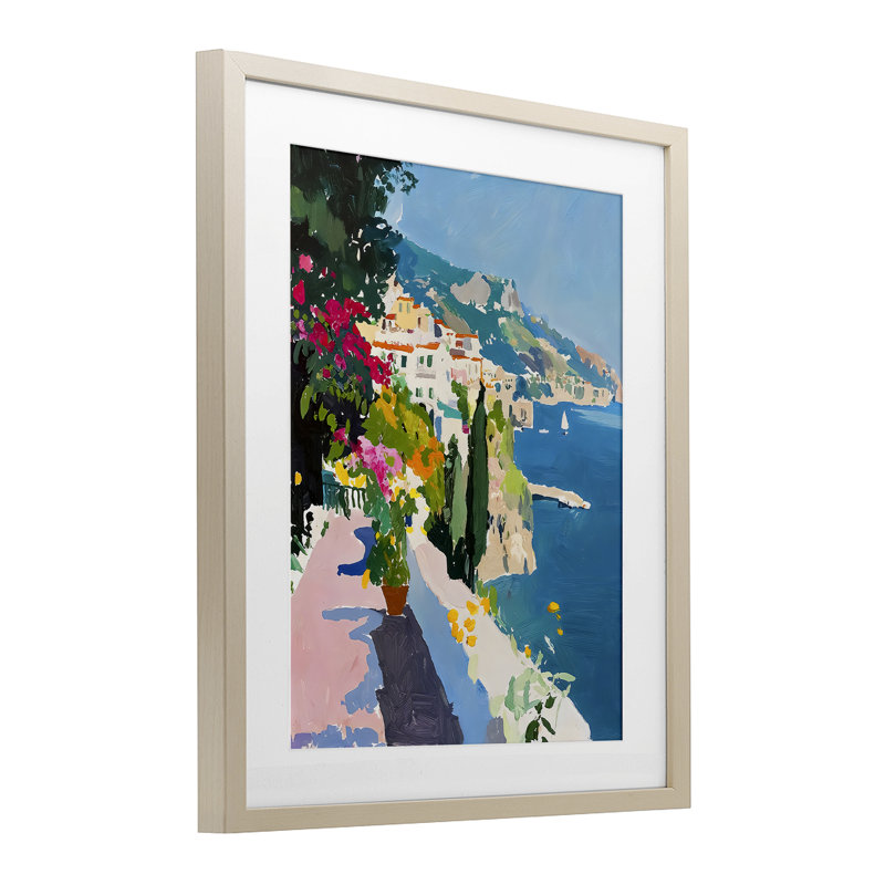 Balcon côtier italien, reproduction encadrée sous verre, conception de Riley B, Cadre de récolte en pin, H 16 po x l 13 po