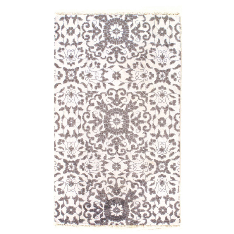 Tapis unique en laine et soie gris Raziya 4 pi 11 po x 2 pi 11 po