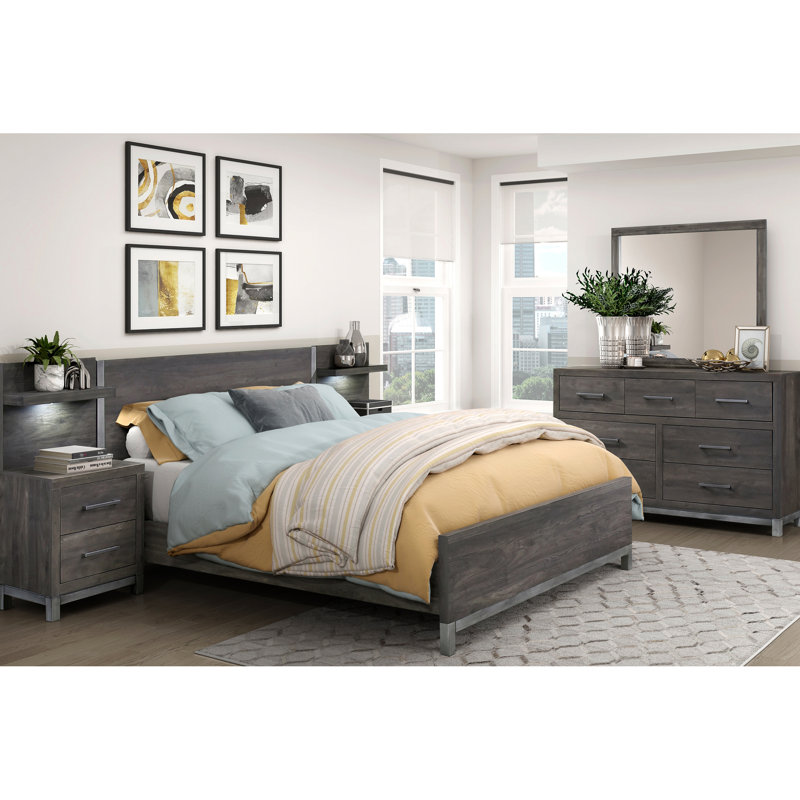 Grand lit moderne avec finition gris brunâtre et argent antique