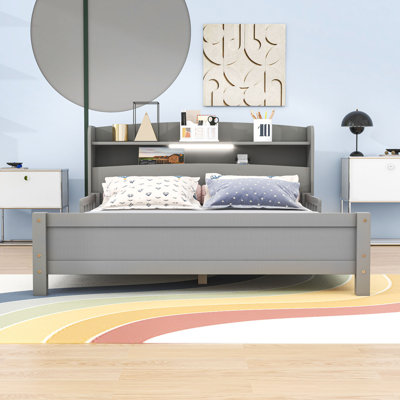 Wood Bed with Storage Headboard, Motion-Activated LED Light and Adjustable Guardrails