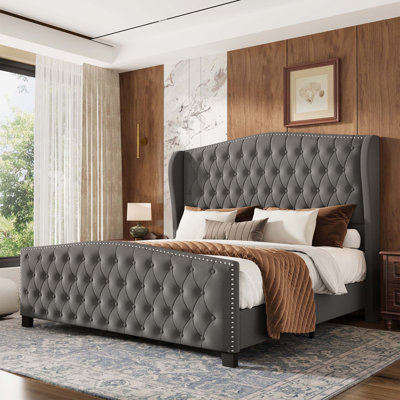 Upholstered Queen Bed With Wingback Headboard, Velvet Platform Bed with Tufted Footboard, Dark Gray