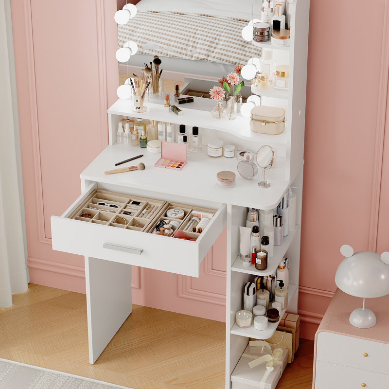 Manufactured Wood Makeup Vanity with LED Mirror and Storage Shelves , White